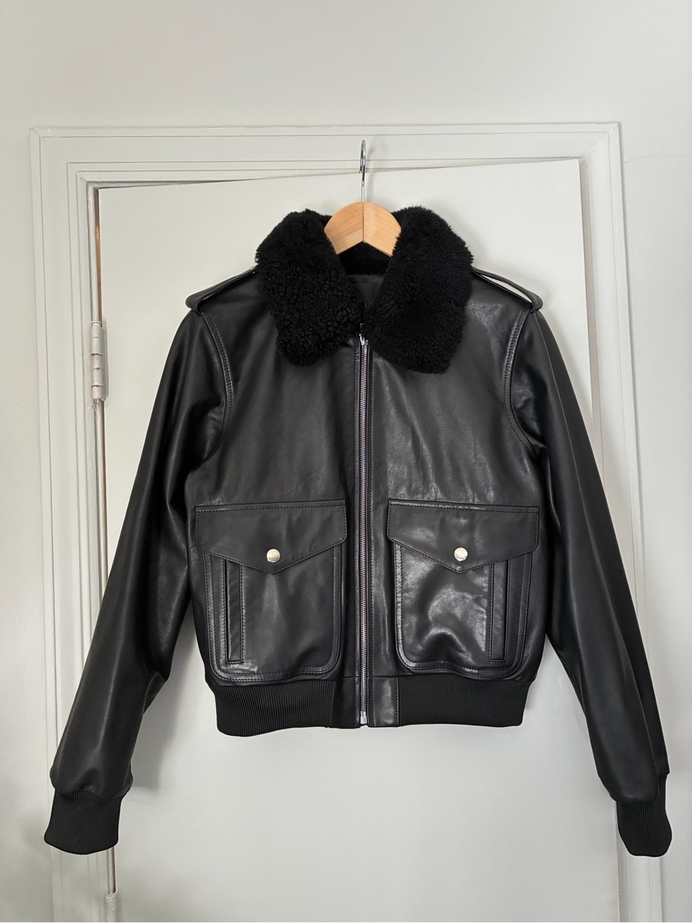 NWOT Nili Lotan Kenzie Shearling Collar Leather Aviator Jacket S